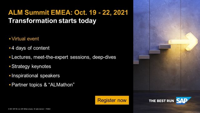 I'll be there, and u?😉 #S4HANACloud customers or moving your ERP into the Cloud? The #ALM Summit is for you. All you need to know about managing ERP solutions on-premise, in hybrid or in cloud environments. Free of charge. #solman #FocusedRun #CloudALM bit.ly/3ECdwCq