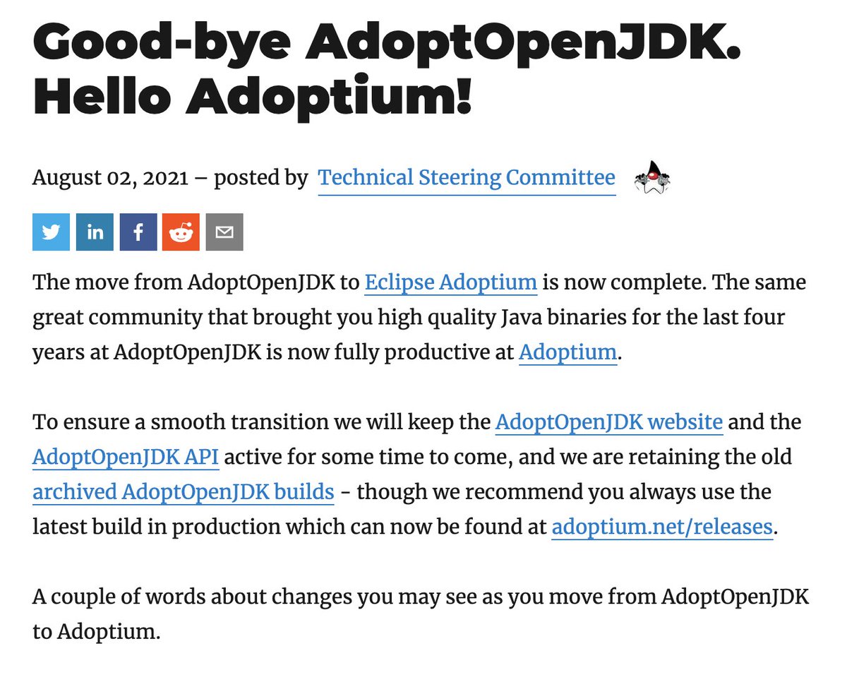 jaceklaskowski's tweet image. Good-bye #AdoptOpenJDK. Hello #Adoptium!

And I&apos;ve been wondering why there are no new AdoptOpenJDK versions in #sdkman?!

👉 blog.adoptopenjdk.net/2021/08/goodby…