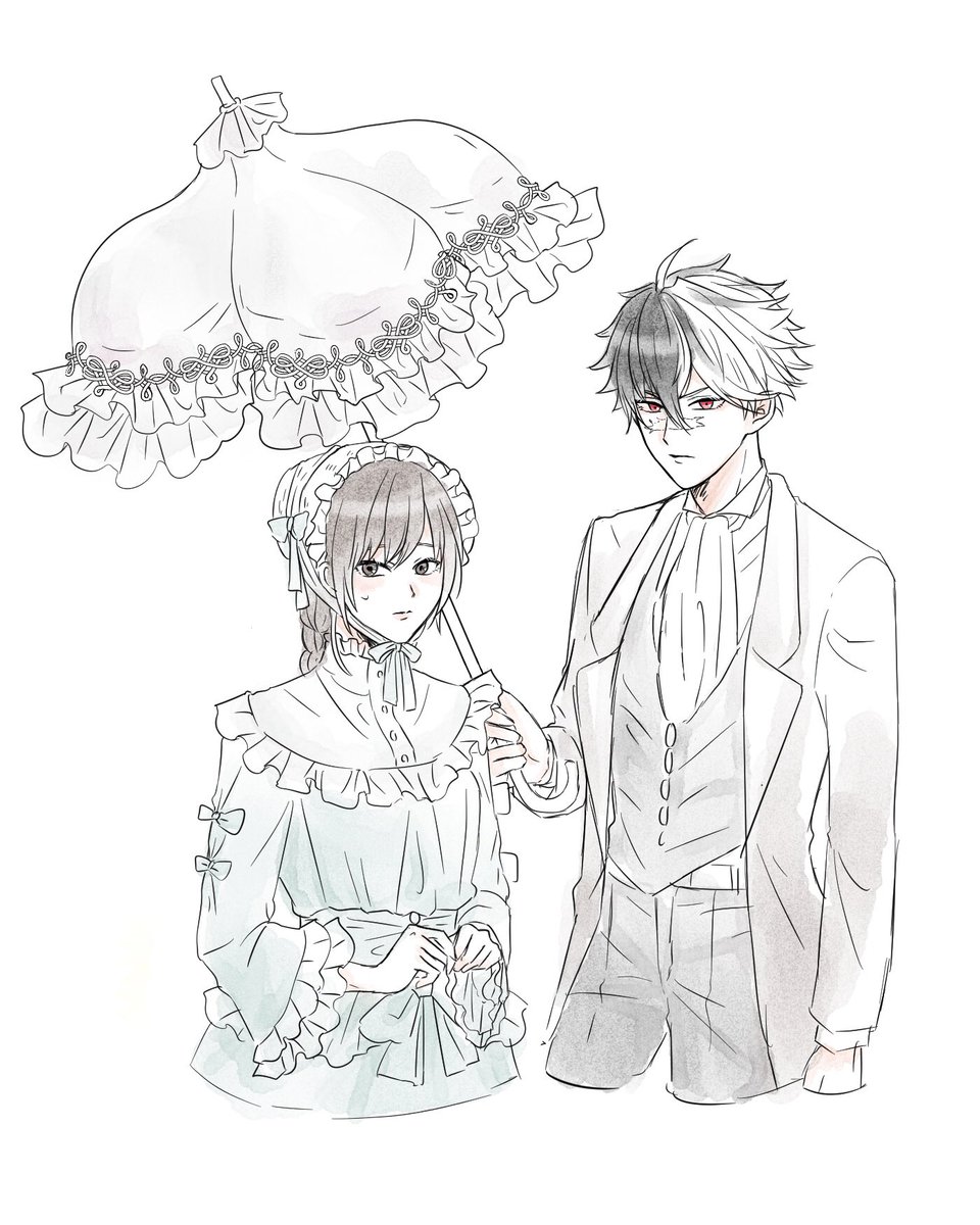 貴族のパーティーで何人もの娘が行方不明になってて魔法使いが絡んでるぽいから晶♀囮作戦をしたいが従者は1人と言われたのでどんな相手でも安心のブラッドリーに白羽の矢が立ったよ〜!の絵 ブラッドリーにフリフリの日傘を持たされて欲しくて… https://t.co/peyVRpmVtQ