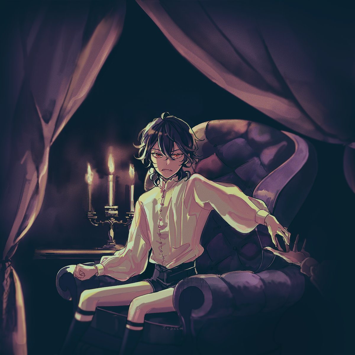 candle 1boy male focus shorts sitting curtains black hair  illustration images