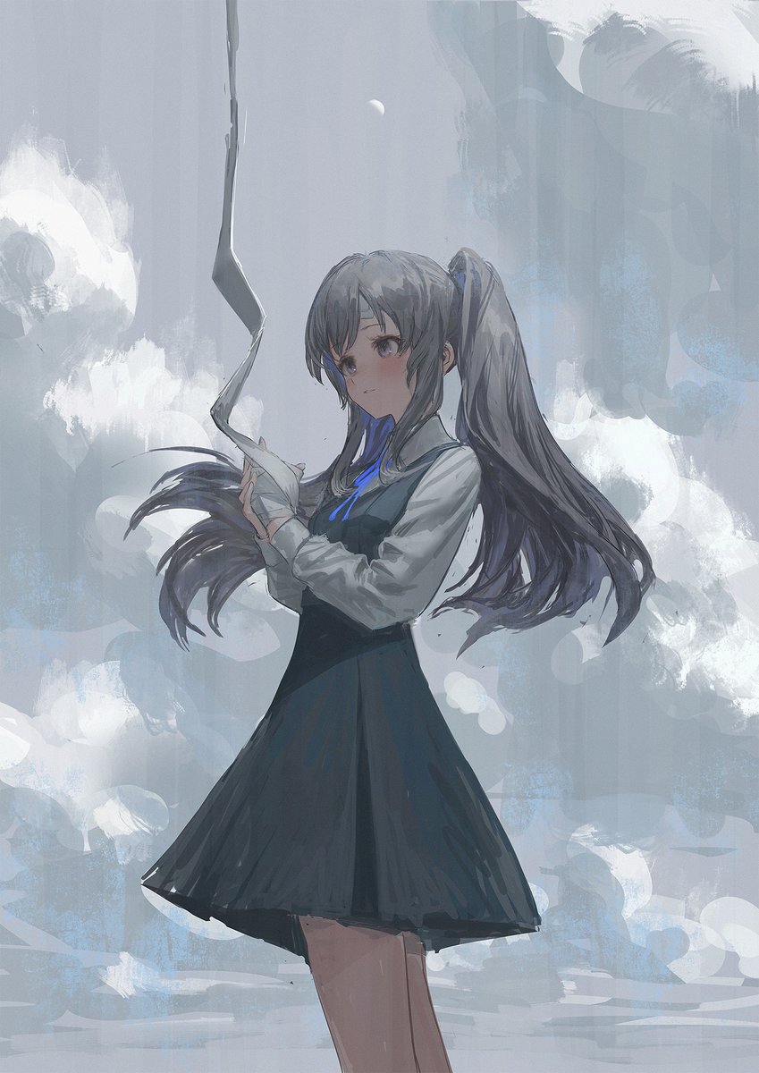 yukoku kiriko 1girl solo twintails grey hair dress long hair long sleeves  illustration images