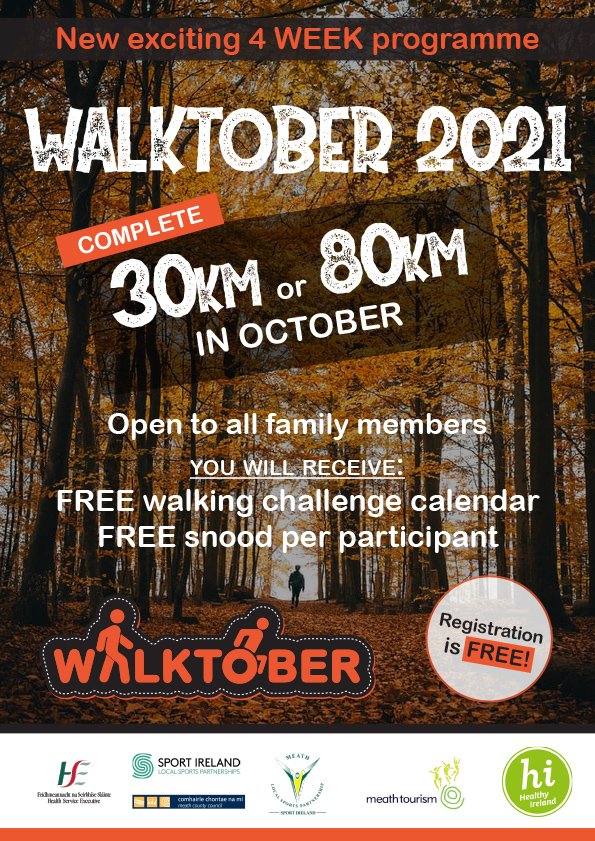 Meath LSP &amp; <a href="/meathcoco/">Meath County Council</a> invite you to take part in the 'Walktober' Challenge! 

There will two challenges for the month of October; a 30km &amp; 80km walking challenge. 

Sign up by 29th Sept to receive hardcopy calendar! 

Register at: eventmaster.ie/event/rLoZCPmS….