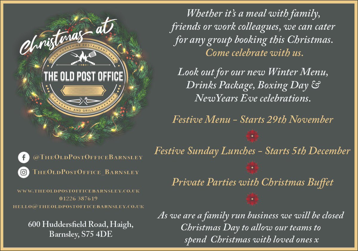 🎄 TIME TO THINK ABOUT CHRISTMAS!

• Here’s details of our Christmas servings

• Get in touch now to book your place - it’s going to be busy

• We can’t wait to enjoy the festive spell with you all 🎅 

☎️ 01226 387619

👨‍💻 🔽
theoldpostofficebarnsley.co.uk 

#barnsleyisbrill