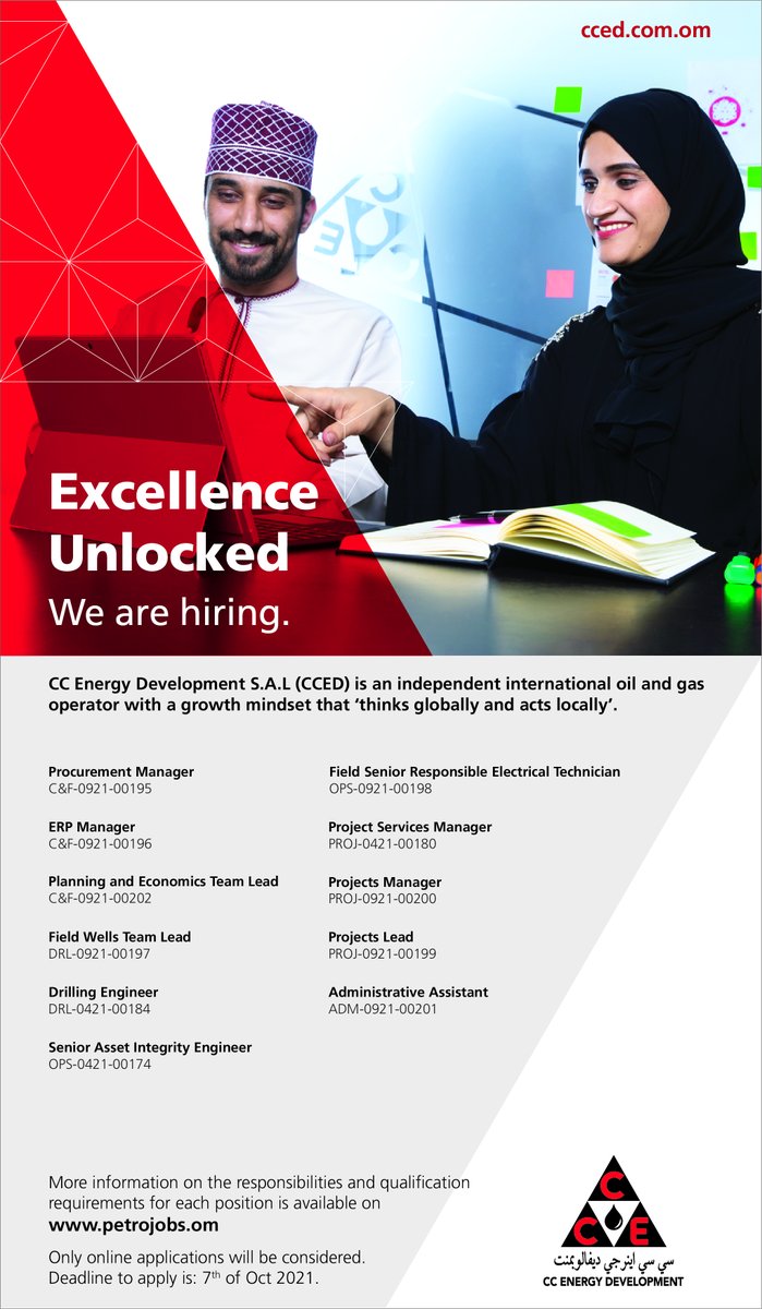 Looking to contribute to #Oman’s growing #oilandgas industry, #CCED is hiring! Click the link to apply: petrojobs.om
 
#jobs #careers <a href="/CCED_Oman/">CCED_Oman</a> @MOG_Oman <a href="/Labour_OMAN/">وزارة العمل -سلطنة عُمان</a>