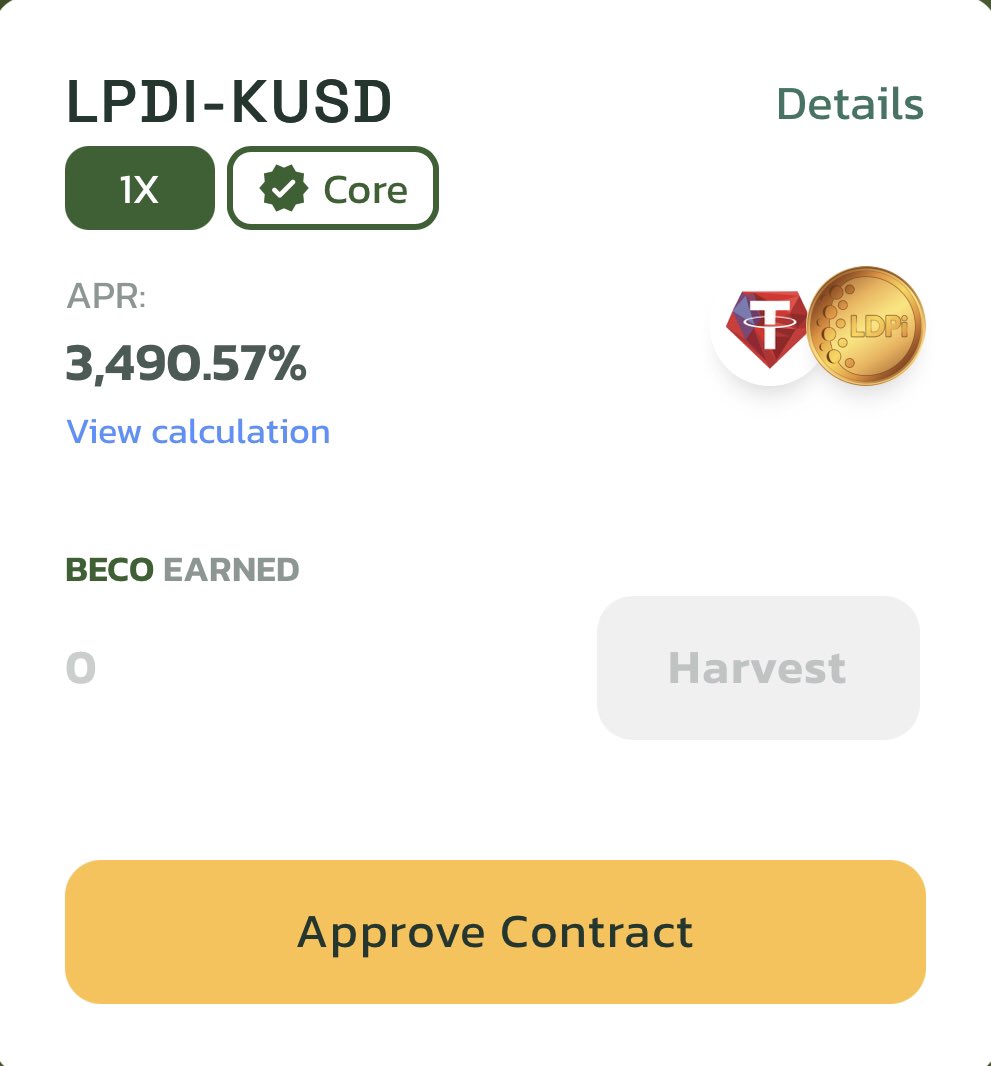 LPDiToken's tweet image. [KRC] New Pool Farm on Becoswap 🍃 

⛳Stake LPDi-KUSD
✅Earn Beco

Earn Beco with your LPDi/KUSD LP at becoswap.com/pools