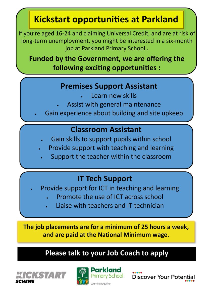 ParklandSch's tweet image. Kickstart Work Opportunities at Parkland Primary School @kickstartuknews 
#Employment 
#PremisesSupportAssistant #ClassroomAssistant #ITtechsupport #kickstartscheme #kickstartuk #kickstart #leicestershirejobs #jobcentre #JobVacancy #jobsearch #jobseeker