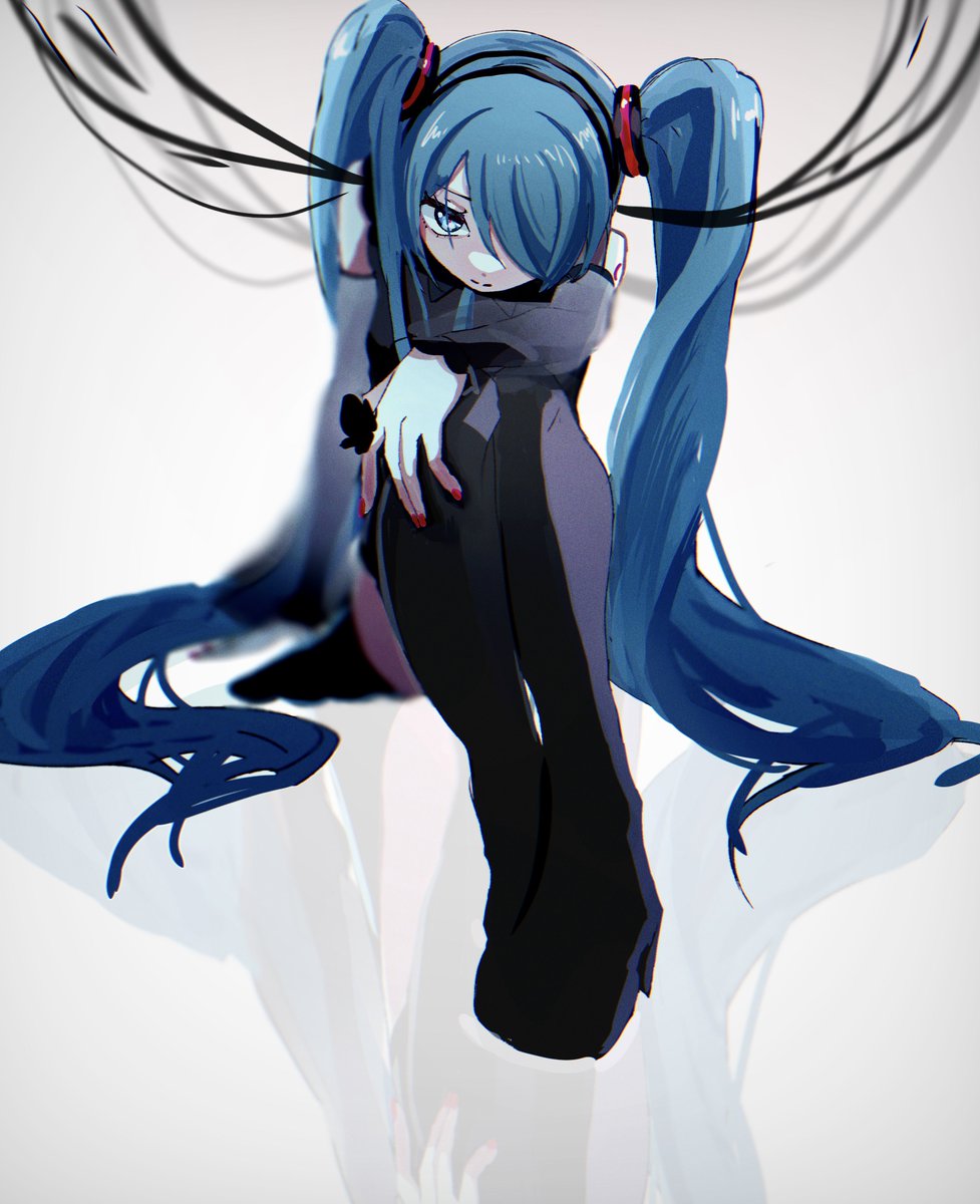 hatsune miku 1girl solo twintails long hair sitting very long hair detached sleeves  illustration images