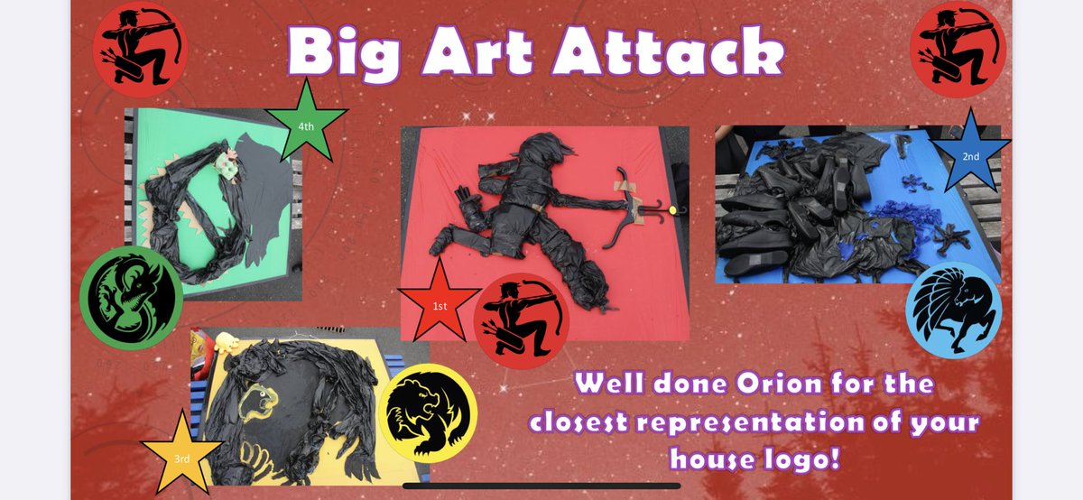 SH_housechamp's tweet photo. And the results are in! Well done to @SH_OrionHouse for recreating the closest representation of their house logo by wrapping black bin bags around pieces of wood to keep it nice and neat and a clothes hanger for a bow and arrow! Amazing creations by all houses! ❤️💙💛💚 https://t.co/bJzaYqzfBk