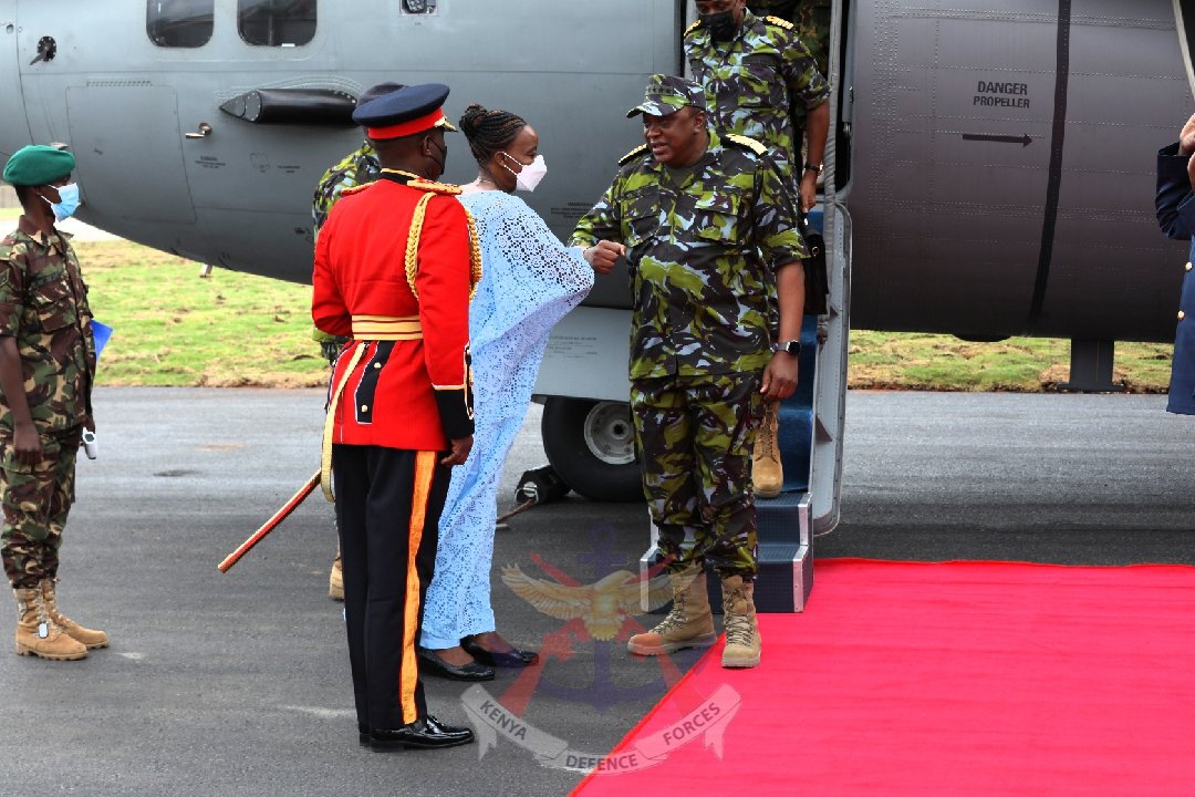 The President and Commander in Chief of the Defence Forces of the Republic of Kenya His Excellency Uhuru Kenyatta has arrived at Manda Military Airstrip to preside over the presentation and trooping of the Presidential and Regimental colours to Kenya Navy Base Manda Bay in Lamu.