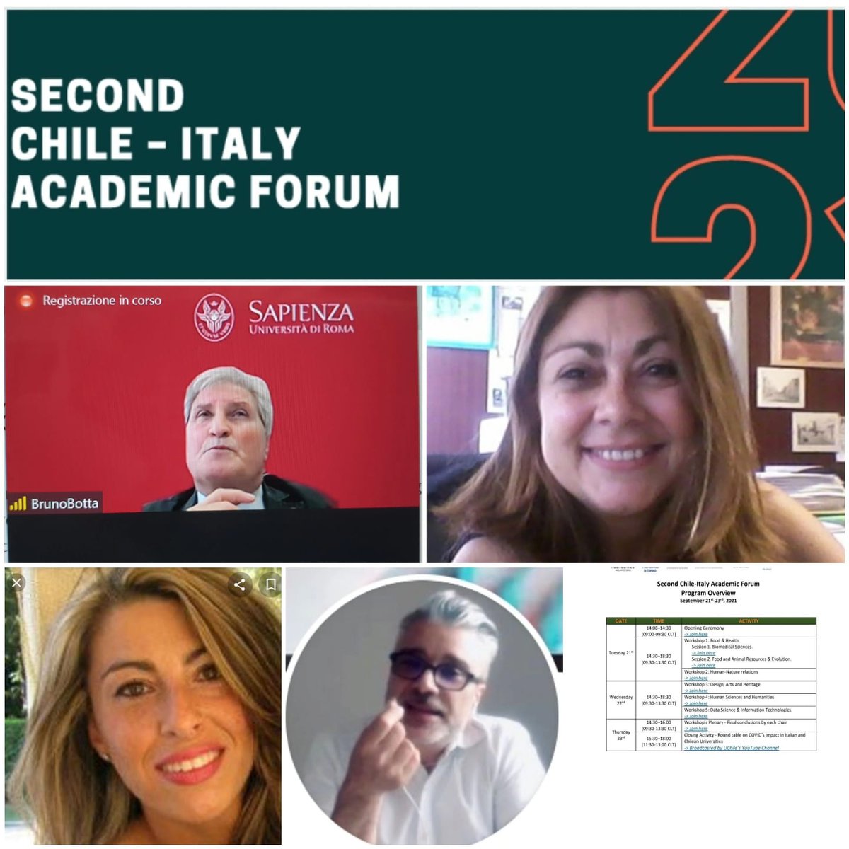 Second#SymposiumCile/Italia (21-23 september 2921)InternationalDeputyof#Sapienza UniversityofRome #BrunoBotta - professor #LorenzoImbesi, #SabrinaLucibello, #DonatellaStrangio
The binational forums are based on workshops held in parallel, addressing issues of a transversal nature