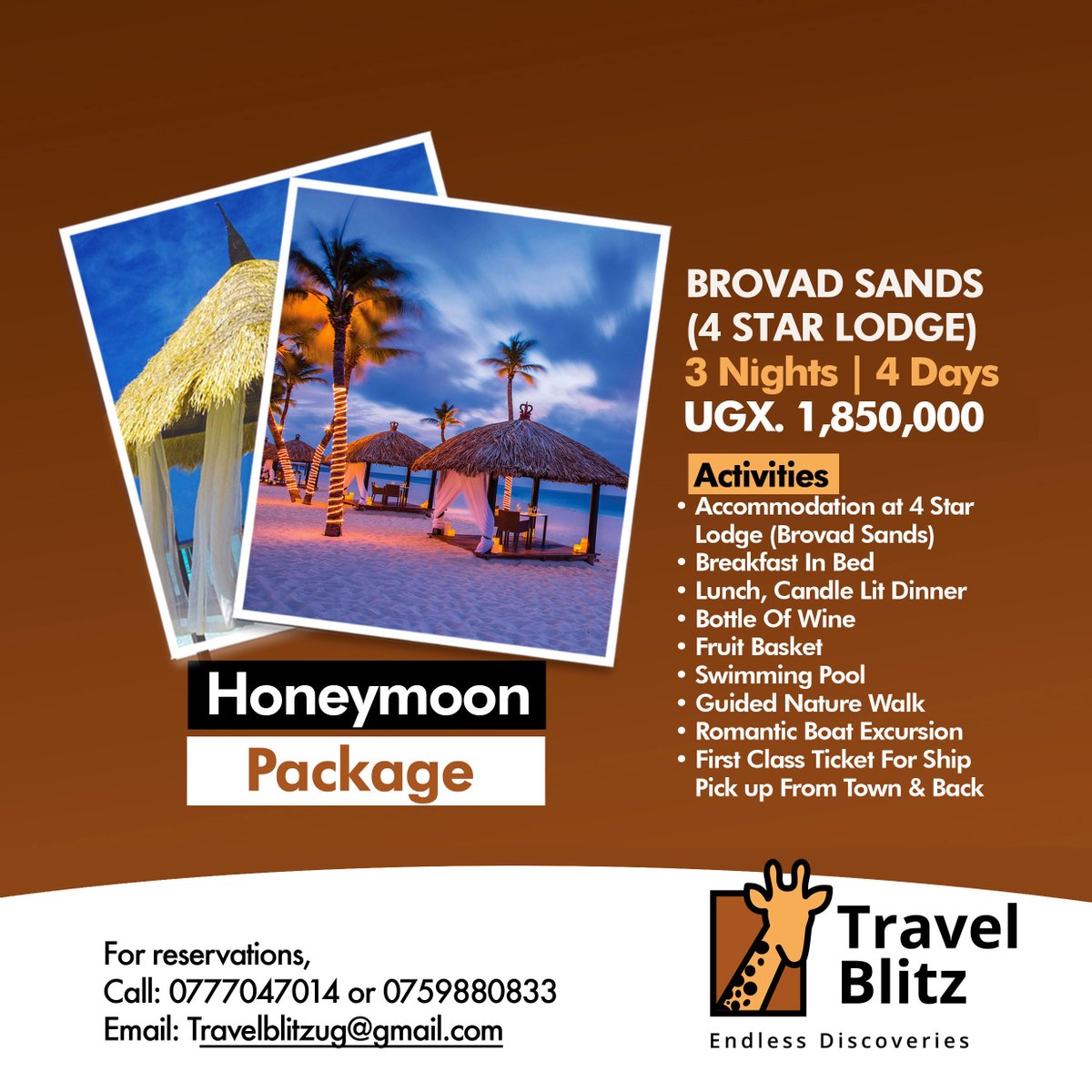 TravelBlitz_ug's tweet photo. Are you looking for honeymoon packages? Could this be something you might consider ? Get in touch for more packages on +256 777047014 / +256759880833. #travel #Honeymoon #honeymooners #love #traveltheworld #gateawaytrip #Maldives #zanzibar #BrovadSands #Traveltheworld #Uganda https://t.co/M7YKuxRNOt
