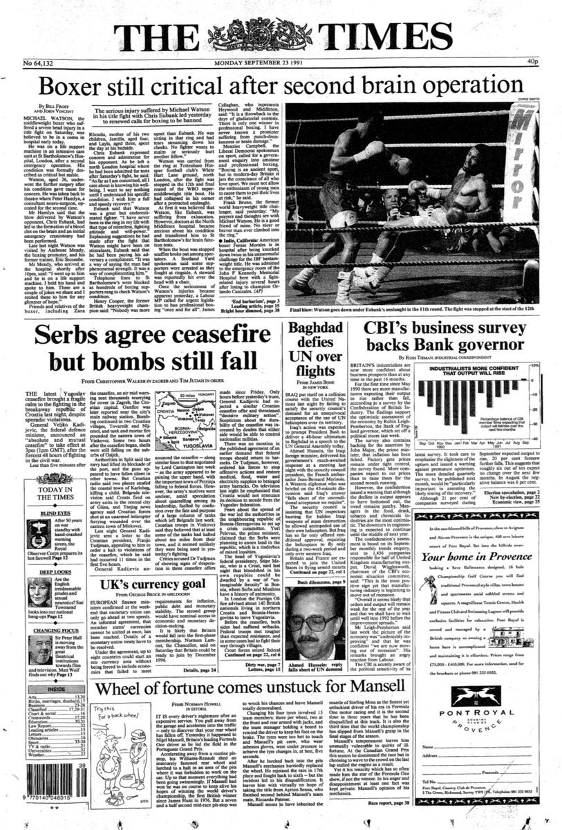 NewsUKArchives's tweet image. The Times front page #onthisday 1991 #otd. #MichaelWatson #ChrisEubank fight 30 years ago