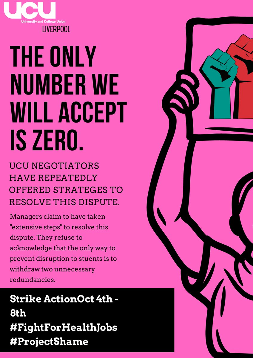 ULivUCU2's tweet photo. We will be striking from the 4th Oct if the final 2 redundancies are not withdrawn. Management hubris means students will have their first in-person teaching in 18 months disrupted. Despite an exodus of staff due to #ProjectShame management are still pushing 2 great staff out. NO https://t.co/VK3L4f5G4N