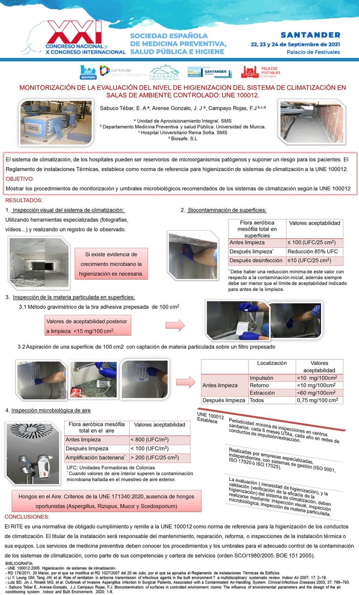 📌Póster "MONITORIZACIÓN DE LA EVALUACIÓN DEL NIVEL DE HIGIENIZACION DEL SISTEMA DE CLIMATIZACIÓN EN SALAS DE AMBIENTE CONTROLADO: UNE 100012". ✔️Área temática: Bioseguridad Ambiental <a href="/SabucoTebar/">Emiliana</a>, <a href="/JjArense/">Julian J. Arense</a>, Dr  Campayo Rojas. <a href="/Area7ReinaSofia/">Area7ReinaSofía</a> <a href="/SEMPSPH/">SEMPSPGS</a>