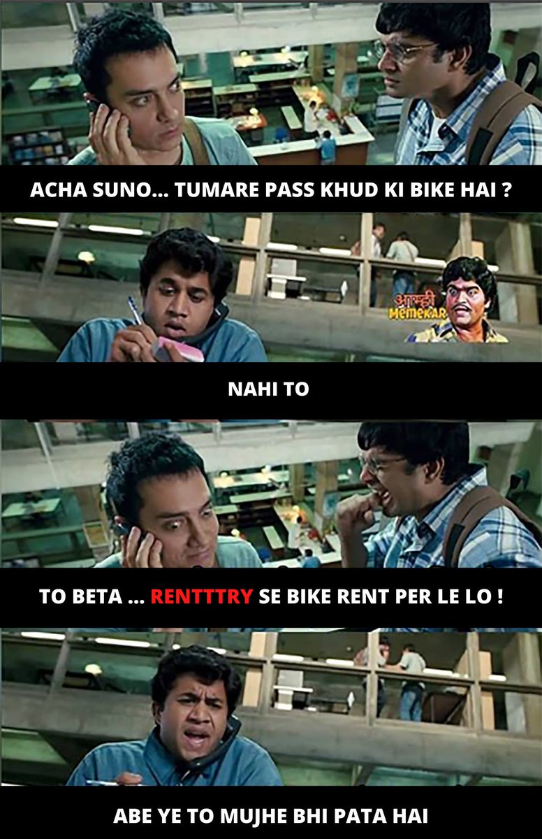 renttry's tweet photo. When Chatur Knows #RENTTRYHAINA

Book your ride at https://t.co/TPRkxQAsFl or https://t.co/EkTXLNpSLt.
follow RENTTRY - Bikes on Rent
#renttry #bikeonrent #rentabike #rentbike #follow #like #india #explore #bikeforrent #3idiots #mondayvibes #monday #renttryhaina #trending #memes https://t.co/kIF5QFWHLd