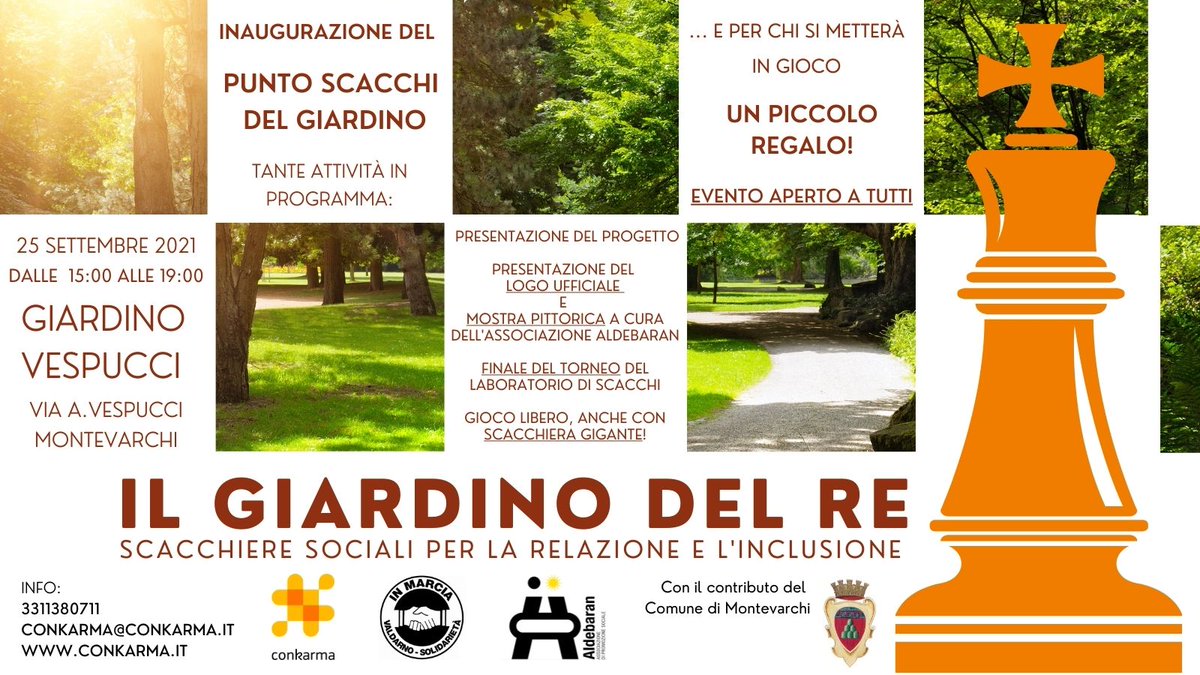 conkarmaAps's tweet photo. 25 settembre 2021, ore 15:00-19:00: Inaugurazione del Punto Scacchi al Giardino Vespucci. Tante le attività in programma! Evento aperto a tutti
#pittura #gioco #scacchi #premio #socialità @montevarchi  
https://t.co/l97k3da4nG https://t.co/EVsn302Hu1