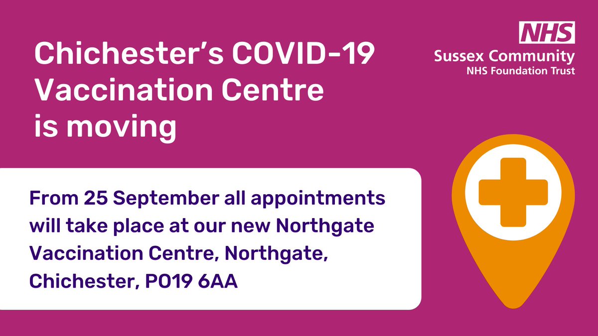 Our vaccination service at Westgate Leisure, Chichester, which has given more than 120,000 vaccinations so far, is moving on Saturday 25 September. Bookings on or after this date will transfer to our new site at Northgate car park. Full details at bit.ly/chi-move