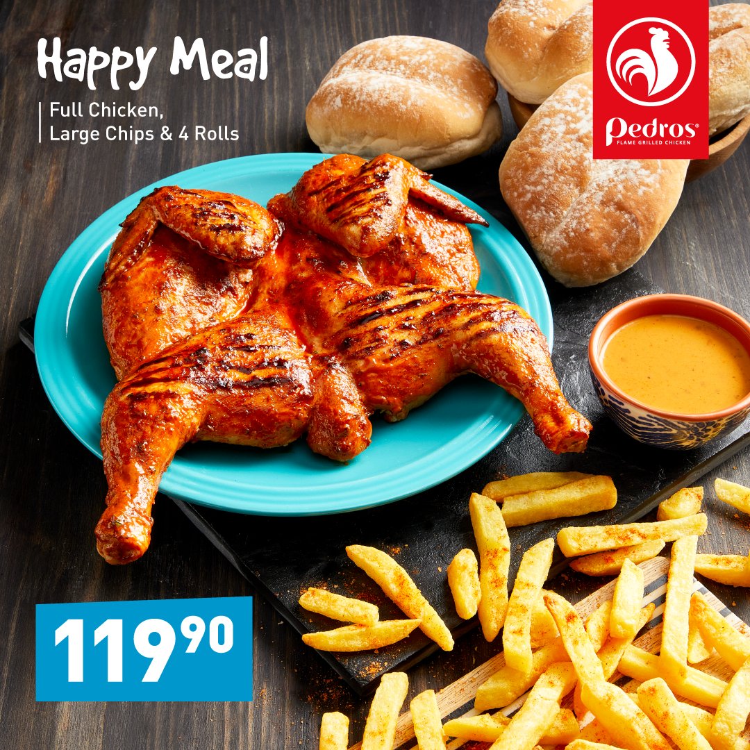 Flame-grilled... for the People!

Score a HAPPY MEAL for only R119.90 this Heritage Day.
Full Chicken, Large Chips &amp; 4 Rolls.

#VivaPedros