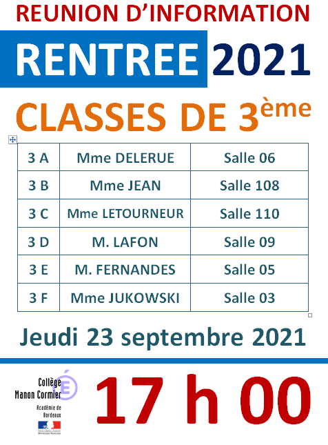 CollegeManon's tweet photo. Réunion d'information à destination des parents des élèves de 3ème, à partir de 17 h 00, ce jour, jeudi 23 septembre 2021.
Un moment important pour parler d'une année qui ne l'est pas moins ! https://t.co/5ydrVbgyxV