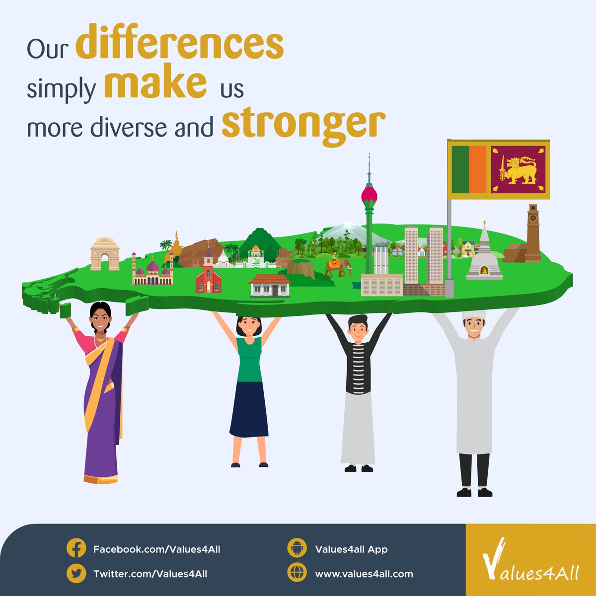 Values4A's tweet photo. Our differences make us stronger!
#Diversity #lka #StrongerTogether #SriLanka #OneSriLanka #Diverse #Values4All https://t.co/4XgKDMbTEu
