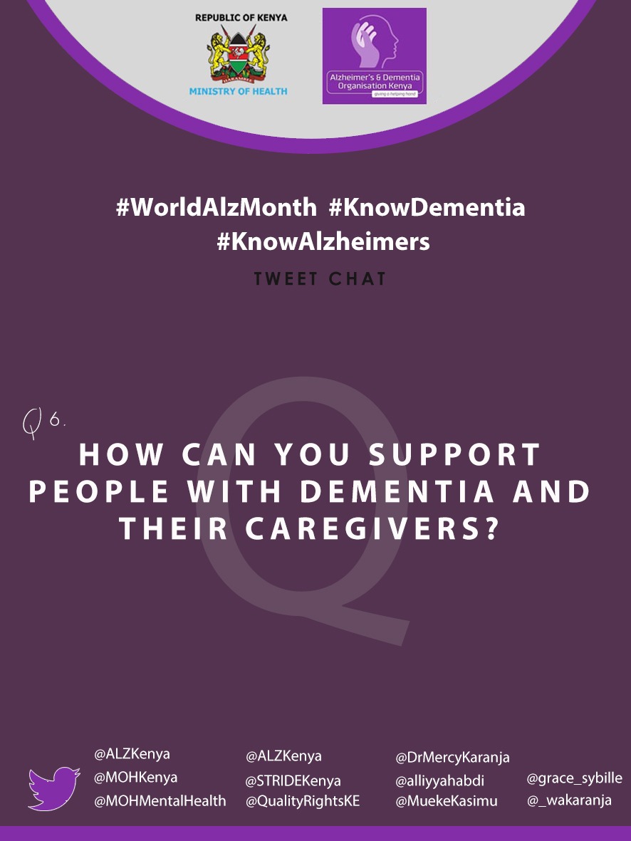 Welcome to today's tweetchat, on #KnowDementia. And our first question of today will be on Meaningful support and care for persons with dementia. How best can we support them? @DrMercyKaranja @MOH_Kenya @JaneGichuru6 @alliyyahabdi @_Wakaranja