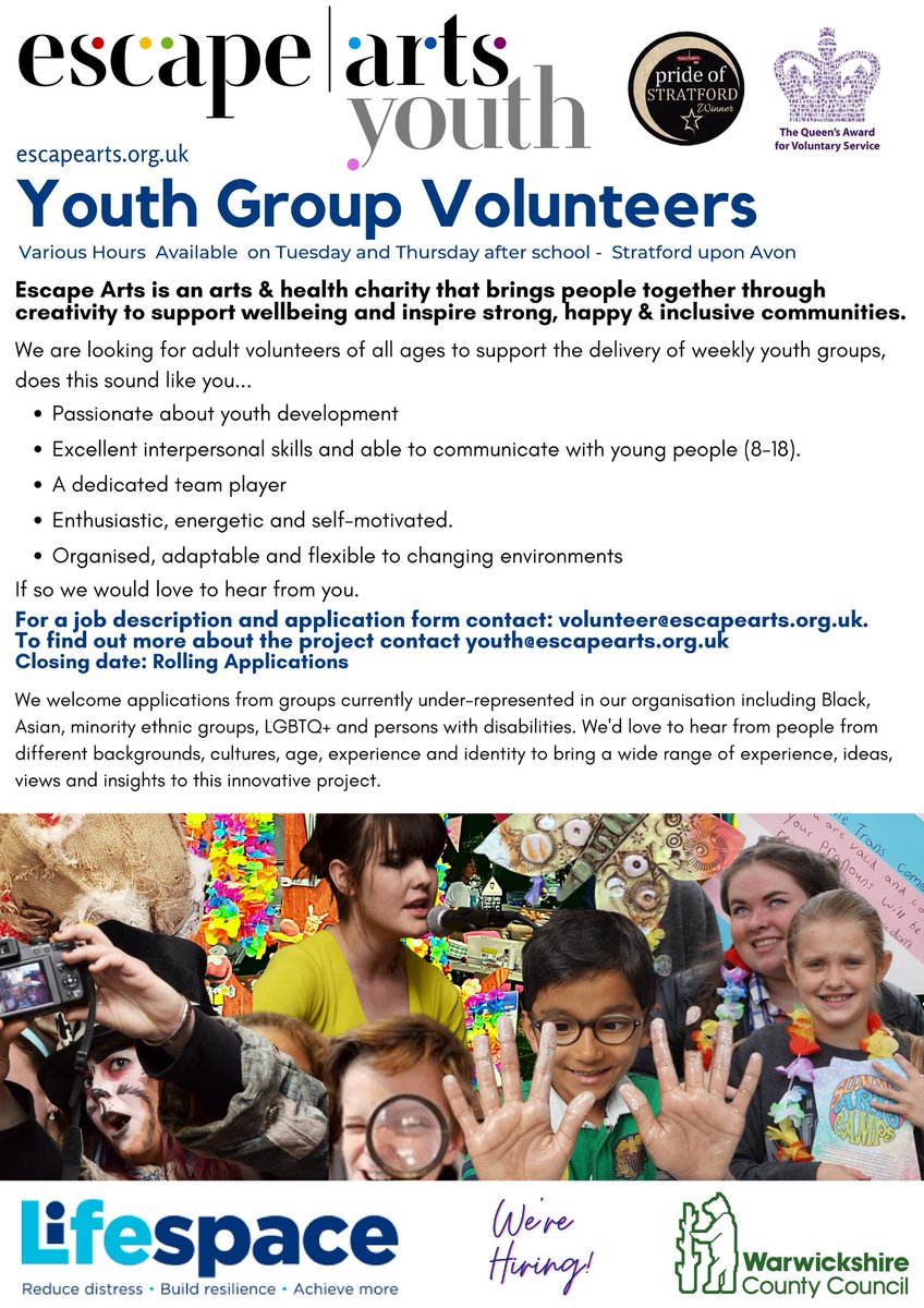 We are looking for adult &amp; youth volunteers to support our new universal youth groups in Stratford-Upon-Avon. The groups are for local young people aged 8-18 yrs. We would love to hear from you!
@escape_arts <a href="/lifespacetrust/">Lifespace Trust</a> <a href="/WarwickWCAVA/">WCAVA Warwick District #NeverMoreNeeded</a> @betterwarwickshire
