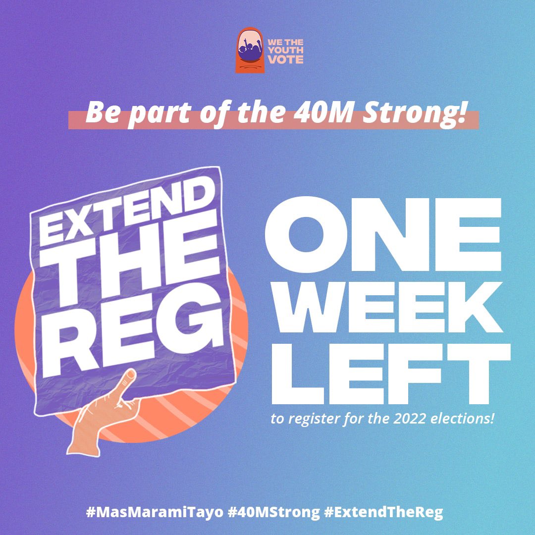 ONE WEEK LEFT! 7 days until the end of registration. 💪🏻🇵🇭✨ Better late than never. The future is in your hands. Kahit pasado na ang bill to extend voter's registration sa Senado ay HINDI PA RIN APPROVED ang extension. Kaya let's get registered na! #40Mstrong #MasMaramiTayo