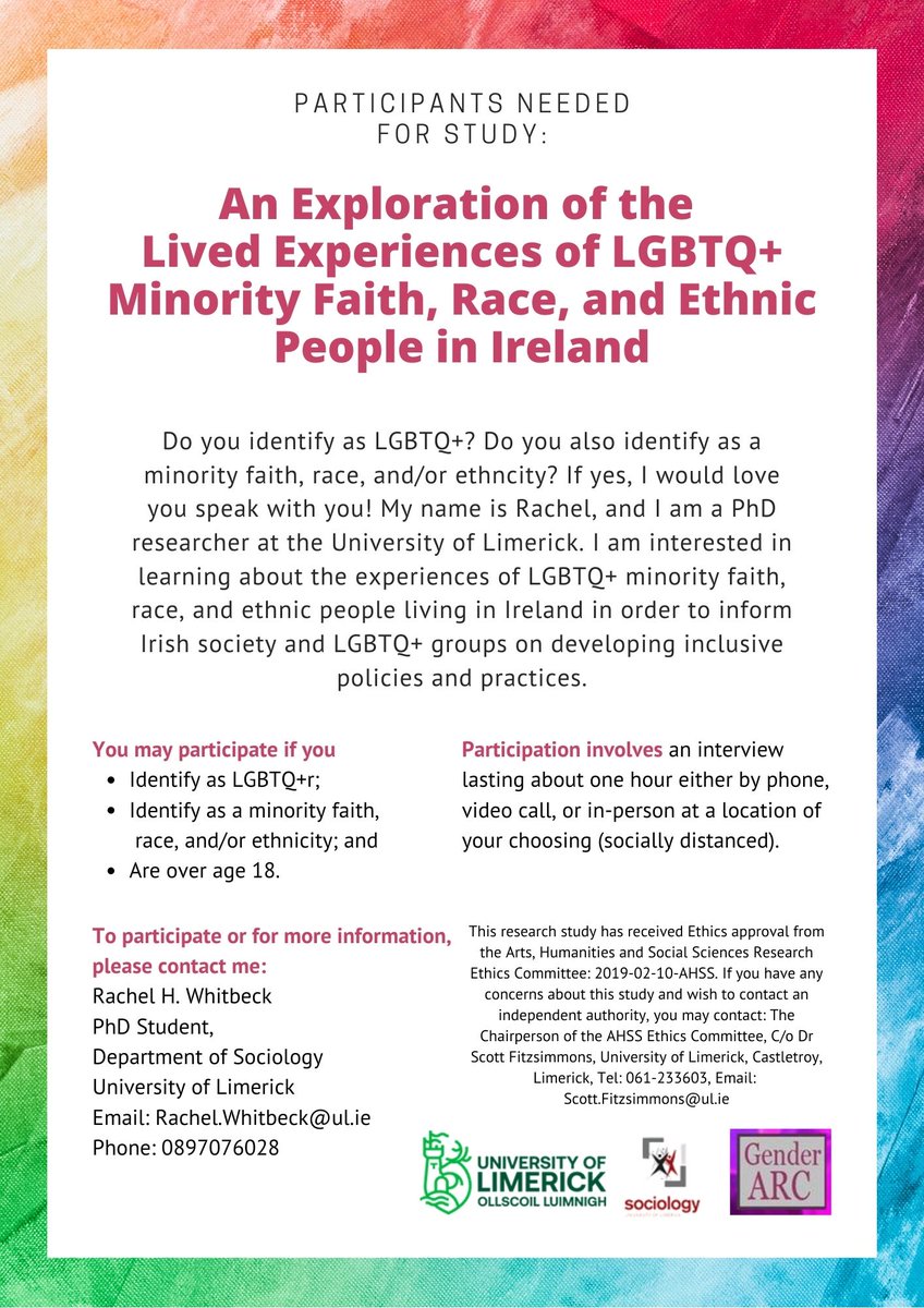 Amach LGBT Galway (@amachlgbt) on Twitter photo CALL FOR PARTICIPANTS: <a href="/RachelHWhitbeck/">Rachel Whitbeck</a> from <a href="/UL/">University Of Limerick</a> wants to interview #LGBTQ+ minority faith, race, and/or ethnicity people so she can help Irish LGBTQ+ organisations improve their services for minority LGBTQ+ people.
Contact Rachel.Whitbeck@ul.ie or 089-7076028 to learn more. CALL FOR PARTICIPANTS: <a href="/RachelHWhitbeck/">Rachel Whitbeck</a> from <a href="/UL/">University Of Limerick</a> wants to interview #LGBTQ+ minority faith, race, and/or ethnicity people so she can help Irish LGBTQ+ organisations improve their services for minority LGBTQ+ people.
Contact Rachel.Whitbeck@ul.ie or 089-7076028 to learn more.