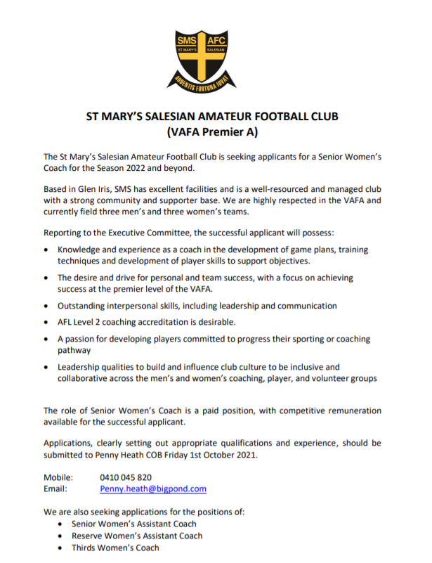 smsafc's tweet image. We’re on the hunt for motivated senior coaches for our Men’s and Women’s sides for season 2022!

If you’re looking for an opportunity to make your mark at a respected community club, check the details below: