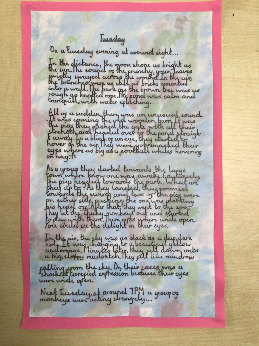 Y4Brindley's tweet photo. How beautiful are their published pieces for their first piece of writing in Year 4! #year4writing #writingforapurpose #DavidWiesner #Tuesday #Monetinspiredartwork https://t.co/V2MF738Rlc