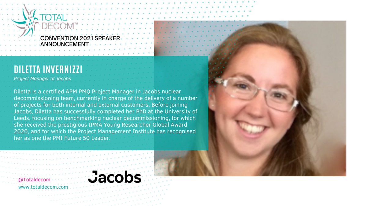 Diletta Invernizzi, Project Manager at <a href="/JacobsConnects/">Jacobs</a> will be delivering her presentation on ‘Sharing Insights from Decommissioning in the Space and Nuclear Industries’

You can see Diletta’s and many others’ presentations by attending the event totaldecom.com/2021-conventio… 
#nuclear