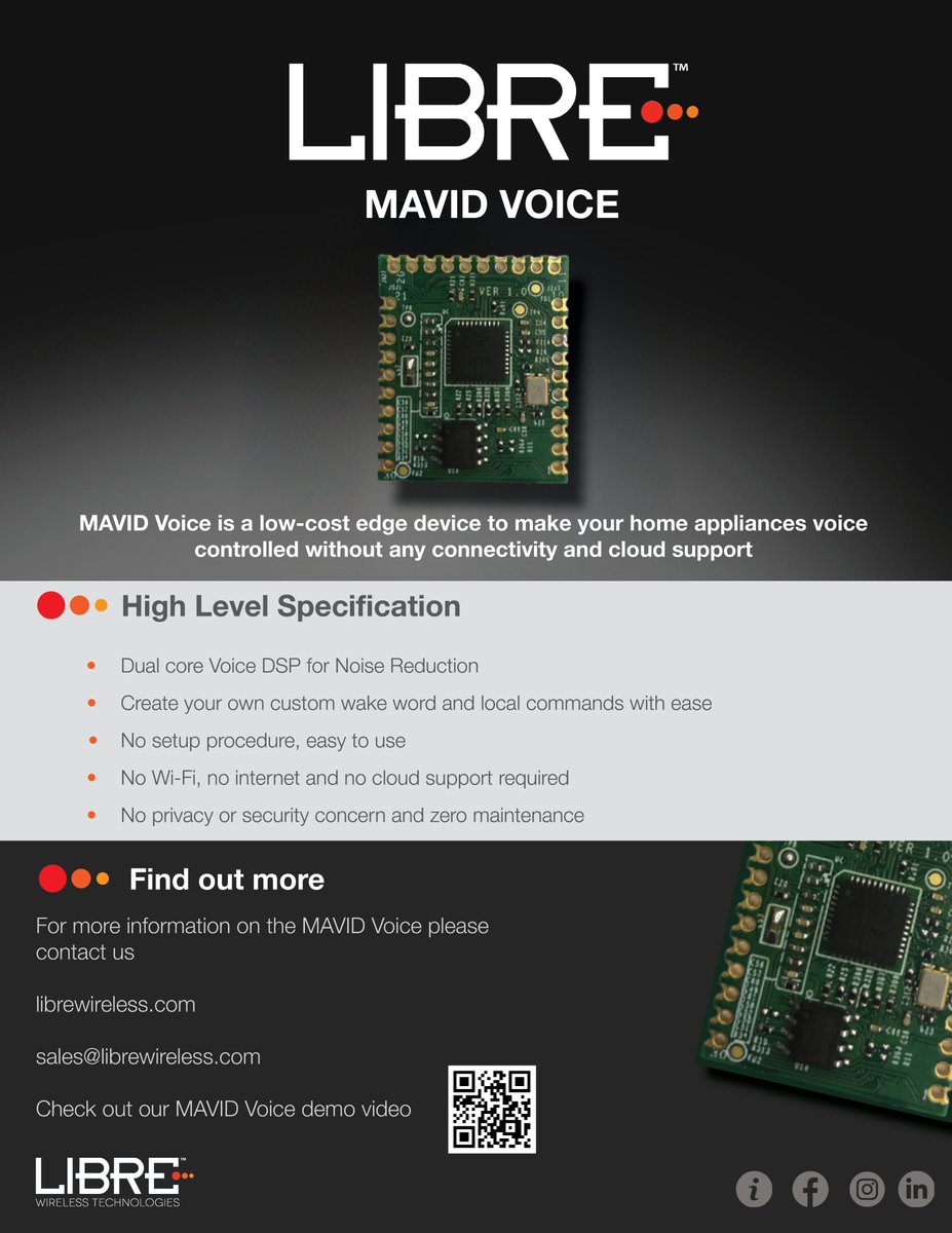 LibreWireless's tweet photo. We're incredibly excited to announce the release of MAVID Voice; a low-cost edge device to make your home appliances voice controlled without any connectivity or cloud support.
A simple &amp; easy to use development kit ready to ship globally. Please contact: sales@librewireless.com https://t.co/ko25DGSBVY