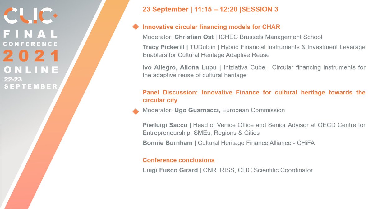 CLIC_EU's tweet photo. On air the third and last session of the #CLICFinalConference!๐ฅณ
๐Innovative circular financing models for cultural heritage adaptive reuse. International experts will be with us to discuss #innovativefinance for CHAR able to promote the #circularcity
๐https://t.co/qn4kiFBhJz https://t.co/g5Wjcx0wBU