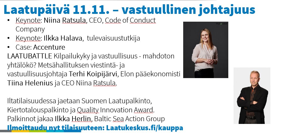 Laatupäivä 11.11. - seminaari ja palkintojenjako - jossa arviointiprosessin kautta parhaimmat palkitaan #laatupalkinto ja #kiertotalouspalkinto - ilmoittaudu nyt! 
<a href="/YlaJuha/">Juha Ylä-Autio</a> #qprof