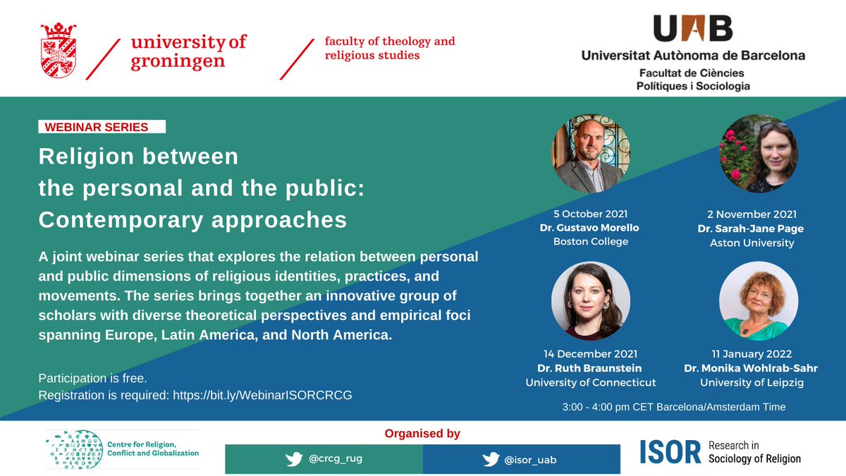 ISOR - Investigacions en Sociologia de la Religió (@isor_uab) on Twitter photo 🖥We invite you to our new webinar series "Religion between the personal and the public: contemporary approaches", co-organized with <a href="/crcg_rug/">Centre for Religion, Conflict & Globalization</a>
✍️ Participation is free, just register here: bit.ly/WebinarISORCRCG
ℹ️ Detailed info on each webinar will follow soon 🖥We invite you to our new webinar series "Religion between the personal and the public: contemporary approaches", co-organized with <a href="/crcg_rug/">Centre for Religion, Conflict & Globalization</a>
✍️ Participation is free, just register here: bit.ly/WebinarISORCRCG
ℹ️ Detailed info on each webinar will follow soon