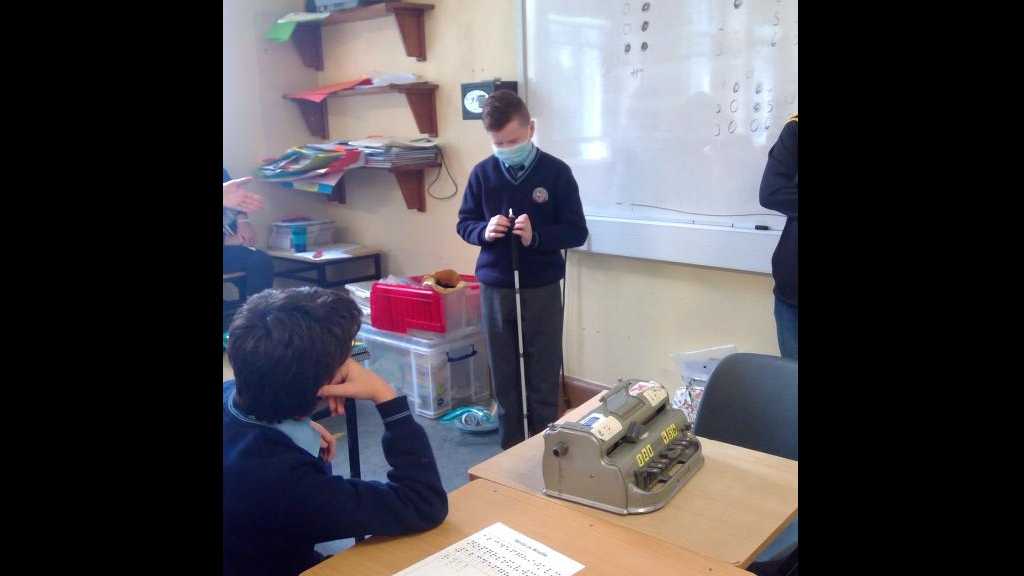 Niamh Hynes, visiting teacher for the Blind and Visually Impaired, gives an experiential workshop to 1F on living with a visual impairment. The students learned how they can help those with a visual impairment but also how they can achieve anything with a 'Can Do' attitude.