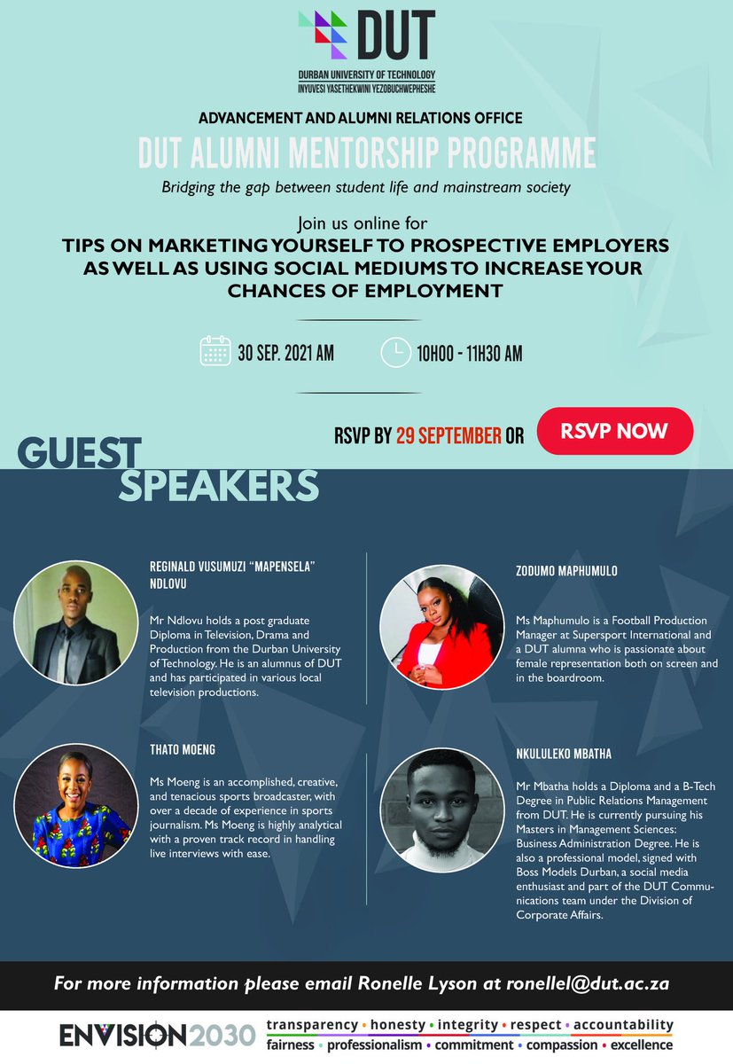 Dear students 

The DUT alumni mentorship programme has put together an interesting and relevant webinar. Details are included on the flyer.

Kindly RSVP by 29 September 2021. 

#dut #facultyofappliedscience #employmenttips #sportstudiesdut #webinar #mentorship #careerdevelopment