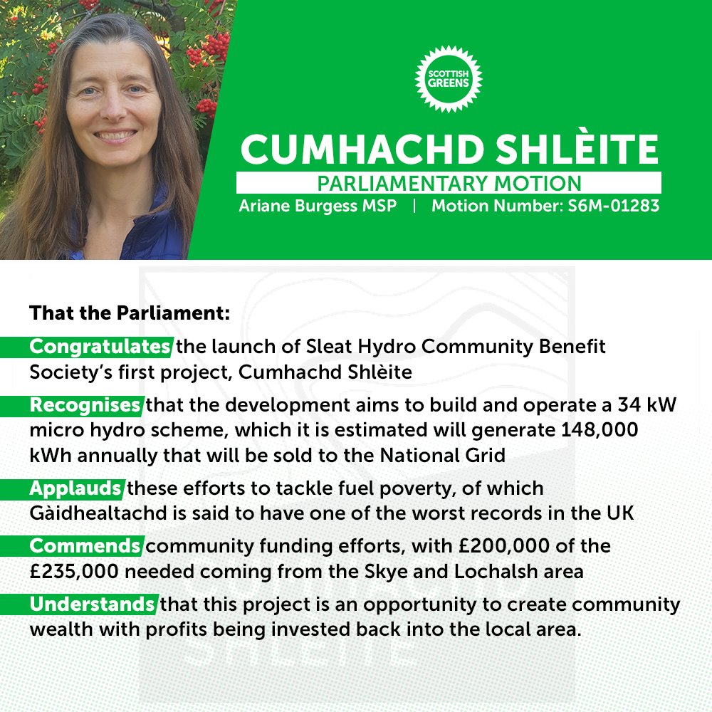 ArianeBurgessHI's tweet image. I've lodged a motion to celebrate the launch of Cumhachd Shlèite, Sleat Community Hydro Project! Congratulations for all your hard work and fundraising 🌏