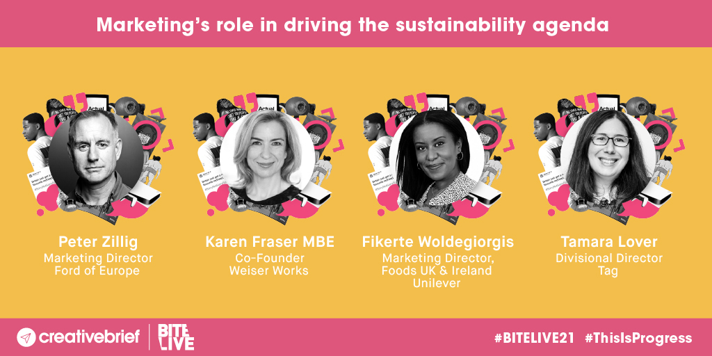 2 weeks until BITE LIVE sustainability session <a href="/_charlieac/">Charlie Carpenter</a> interviewing <a href="/zillmeister/">Peter Zillig</a> Fikirte Woldegiorgis of <a href="/Unilever/">Unilever</a> Tamara Lover of <a href="/tagwwnews/">Tag Worldwide</a> and <a href="/KarenFraser_MBE/">Karen Fraser MBE</a> of <a href="/Weiser_Works/">Weiser Works</a> about how marketing can promote cleaner greener choices. Register here: creativebrief.com/agency/creativ…
