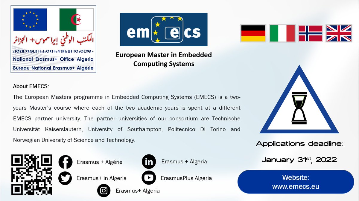 Erasmusplus_Dz's tweet photo. #Bourses_Erasmus_Mundus
EMECS est un programme de master de deux années académiques, où chacune des deux années est prévu dans une université partenaire différente (Allemagne, Italie, Norvège et Royaume Uni)
Site Web: https://t.co/M92tvNBmgU
Date limite: 31 Janvier 2022 https://t.co/HWziKiNYYg