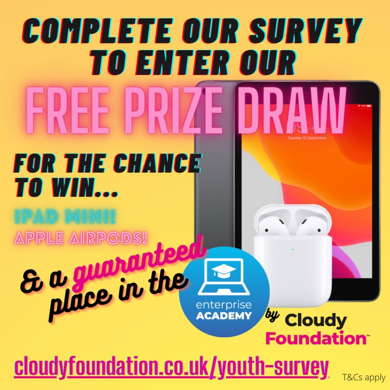 Are you a parent of a young person aged 11 - 24 and living or working in #Aylesbury? They could win their own iPad Mini, Apple Airpods &amp; a guaranteed place in the Cloudy Foundation Enterprise Academy by filling out our survey: cloudyfoundation.co.uk/youth-survey/
<a href="/AylesburyYouth/">Aylesbury Youth Action</a> #YouthSurvey