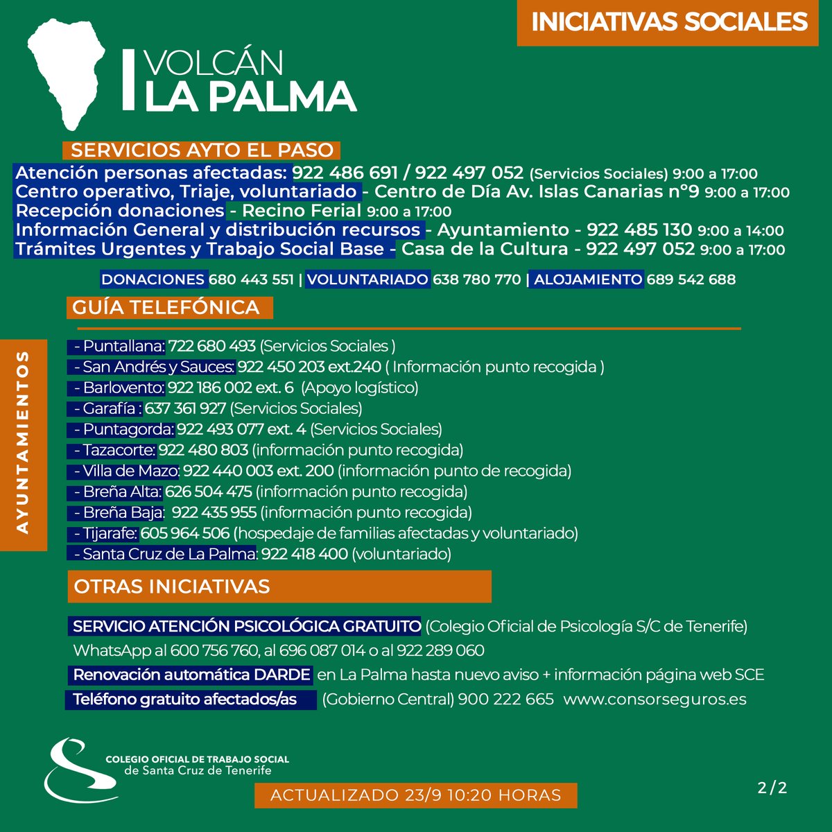 🔴 | INICIATIVAS SOCIALES 
 𝗮𝗰𝘁𝘂𝗮𝗹𝗶𝘇𝗮𝗱𝗮 𝟮𝟑/𝟵 𝟏𝟎:𝟐𝟎

Desde el <a href="/COTSTenerife/">Colegio Trabajo Social S/C de Tenerife</a> estamos recopilando las iniciativas sociales promovidas por los diferentes organismos en la isla de #LaPalma que se irá actualizando progresivamente.

#ErupcionLaPalma 
#VolcanLaPalma