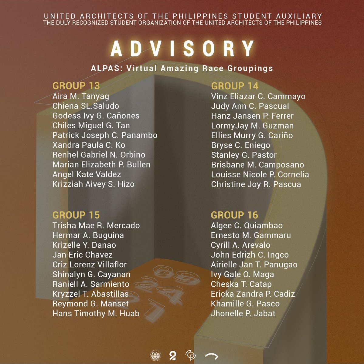 uapsanational's tweet photo. Hi, Arkids! Here's the list of participants for the virtual amazing race "Alpas: Dare to Be Driven". Please wait for an invite to a FB group where instructions on the event will be posted.

See you this Sept 24 from 10am-4pm on Discord!

#Q2021
#AlpasWithUapsa

(Part 1/n) https://t.co/JK3urZafaY
