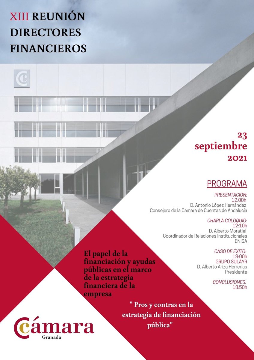 📢 ¡Empieza ahora: XIII Foro de Directores Financieros <a href="/CCGranada/">Cámara de Granada</a>! <a href="/Albertoarizah/">Alberto Ariza</a> hablará sobre lecciones aprendidas en el Grupo Sulayr en relación con financiación y ayudas públicas.
#financiación #empresas #pymes #ayudas #estrategia