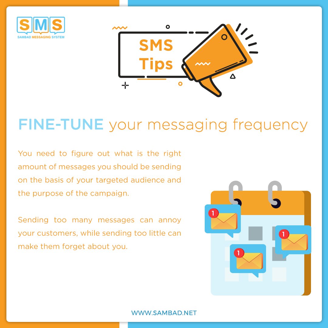 sambad_sms's tweet image. SMS Tips
Fine-tune your messaging frequency 
You need to figure out what is the right amount of messages you should be sending . 
Sending too many messages can annoy your customers while sending too little can make them forget about you. 

#sms #bulksms #smstips #sambad