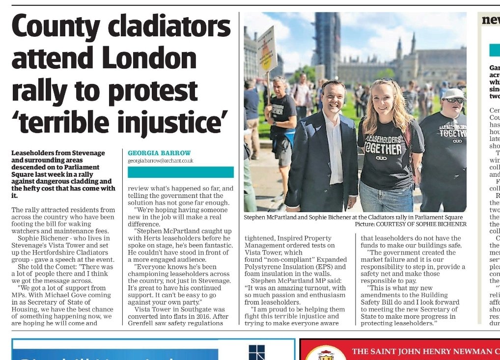 HCladiators's tweet photo. Latest press: National #leaseholderstogether protest covered by the @thecomet24 with comment from @SophieLB1 and @SMcPartland 👇 #BuildingSafetyCrisis https://t.co/GykUM87n92