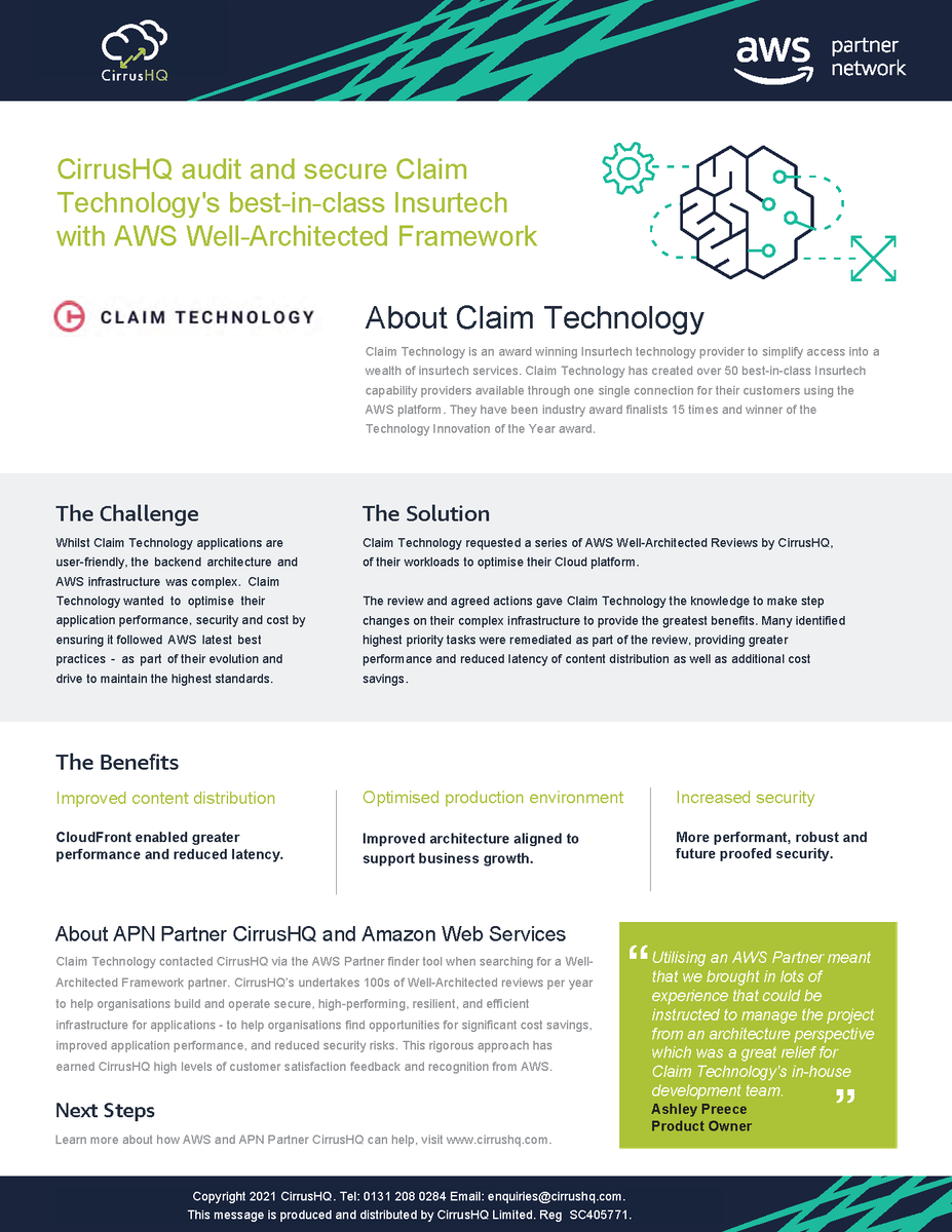 ClaimTechnology's tweet image. This case study looks at how Claim Technology have used AWS’s Well-Architectured Framework to help insurers and their supply chain create robust and scalable claims processes in the cloud ☁️☁️.