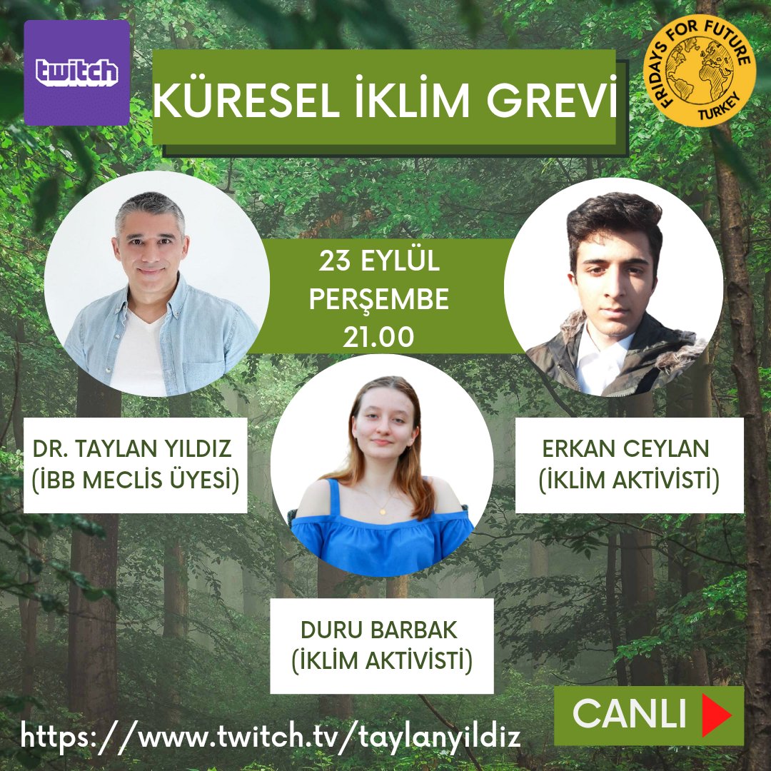 📢 'İnternetçi Abi' @taylanyildiz ve çevre ve iklim aktivisti @DuruBarbak ile birlikte iklim krizi ve Türkiye hakkında konuşacağımız yayını kaçırmayın!
@FridaysTurkey #İklimGrevi2021 #İklimİçinBirlikte