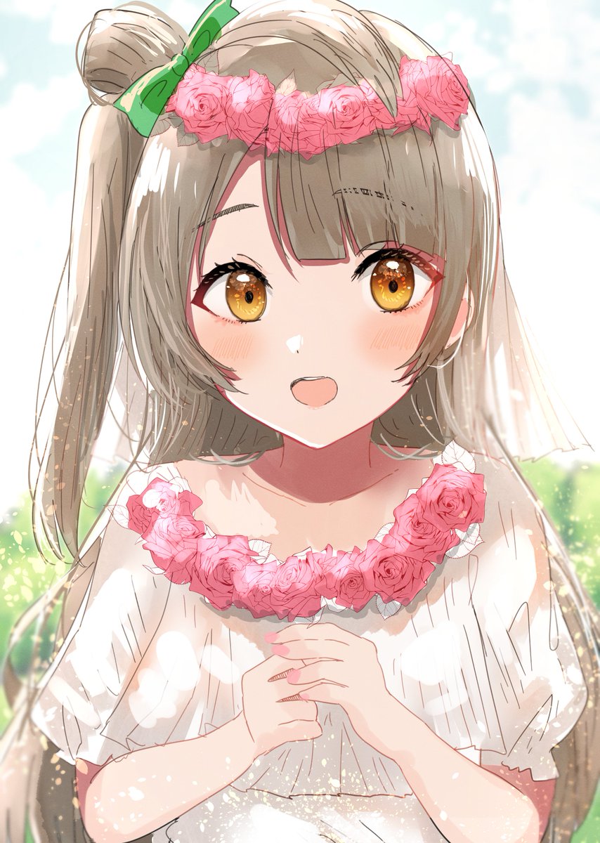 minami kotori 1girl long hair solo flower open mouth one side up head wreath  illustration images