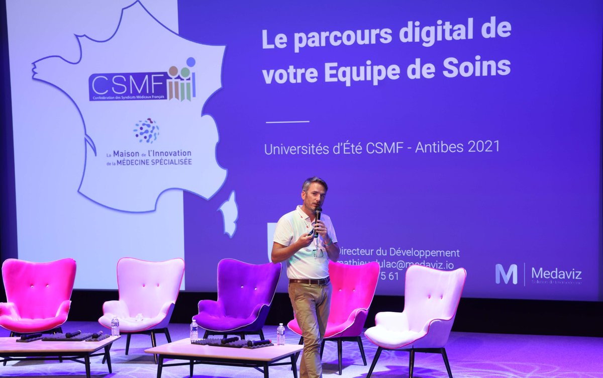 ⁦🎤 <a href="/DulacMathieu/">Mathieu Dulac</a>⁩ sur la scène des Universités d’été de la ⁦<a href="/CSMF_officiel/">CSMF_officiel</a>,⁩ pour évoquer le parcours #digital des équipes de #soins. 

#hcsmeufr #esante #telemedecine #teleexpertise #hopital #territoire #Medaviz